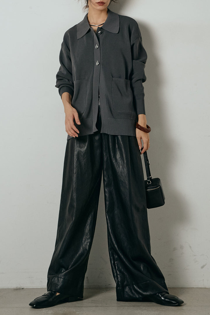 [SET]メタル釦衿付きニットカーディガン+ベルト付きレザーライクタックパンツ(2set)