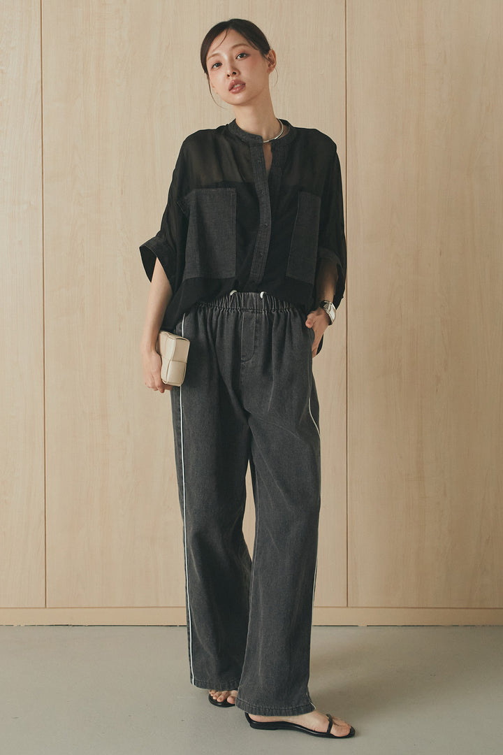 [SET]デニムライクビッグツーポケシアーシャツ+ドロストサイドラインデニムパンツ(2set)