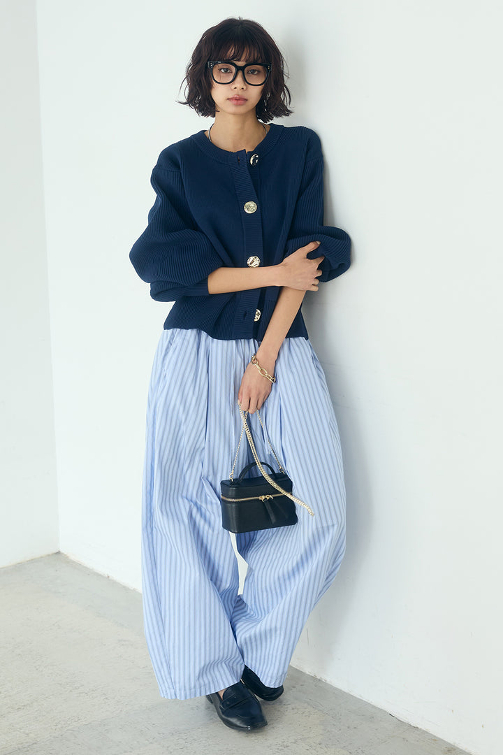 [SET]スポンディッシュBIGボタンクルーネックカーディガン+ランダムストライプタックギャザーパンツ(2set)