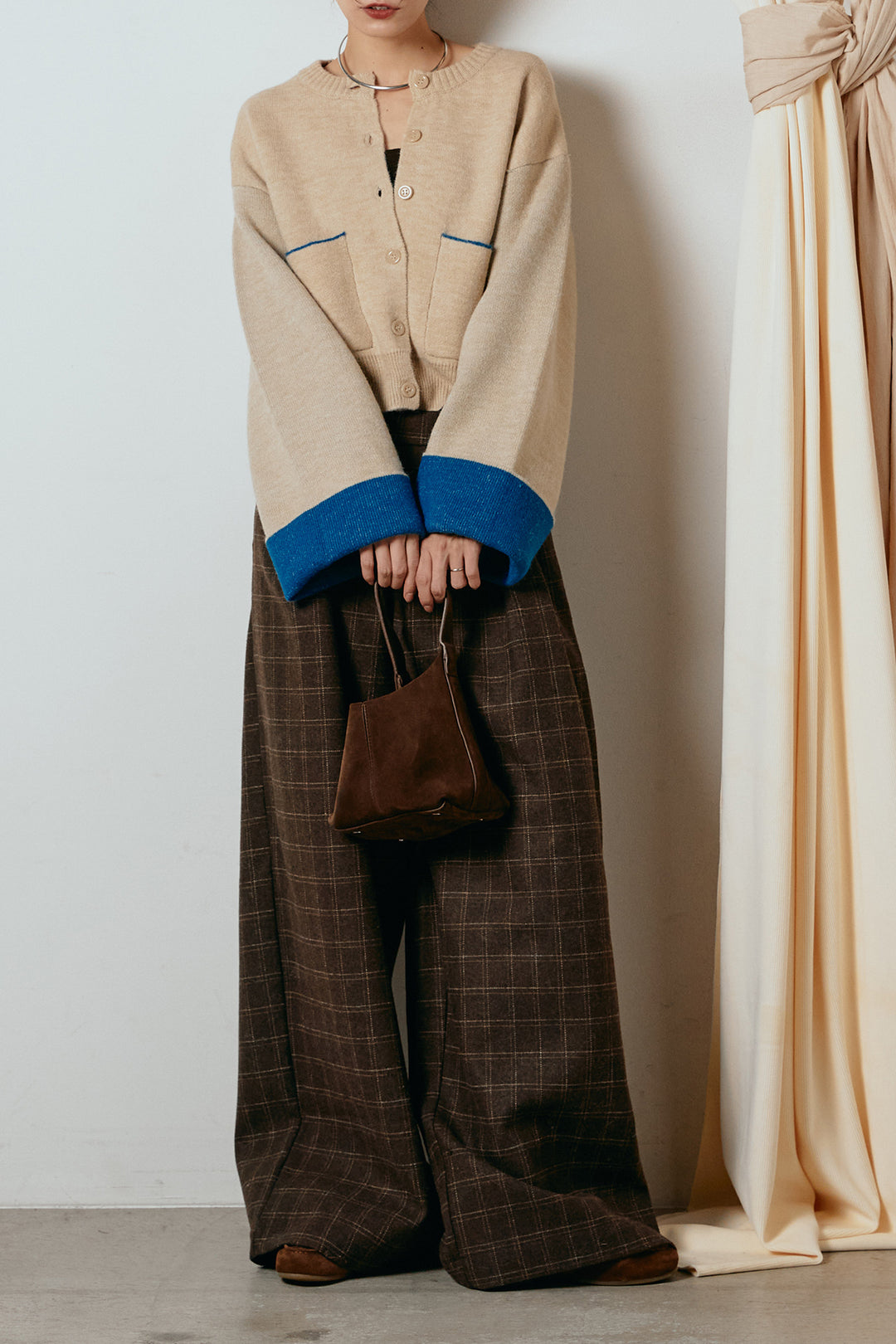[SET]アルパカタッチダブルフェイスカーディガン+ウールライクチェックタックパンツ(2set)