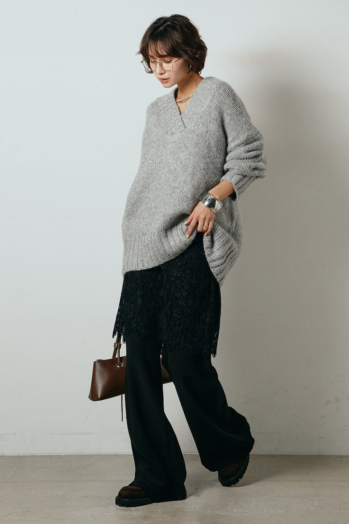 [SET]Vネックラメニットトップス+レース刺繍レイヤードフレアパンツ(2set)