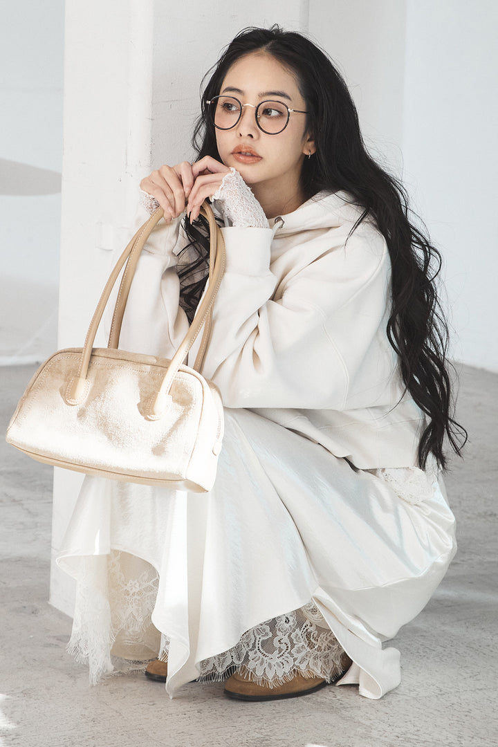 [SET]裏起毛レタリング刺繍フーディショートプルオーバー+ストレッチレースクルーネックインナー(2set)