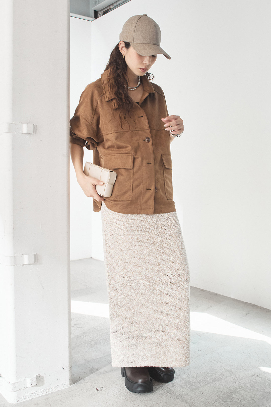 [SET]デカポケスエポンジャケット+ツイード風MIXスラブスカート(2set)