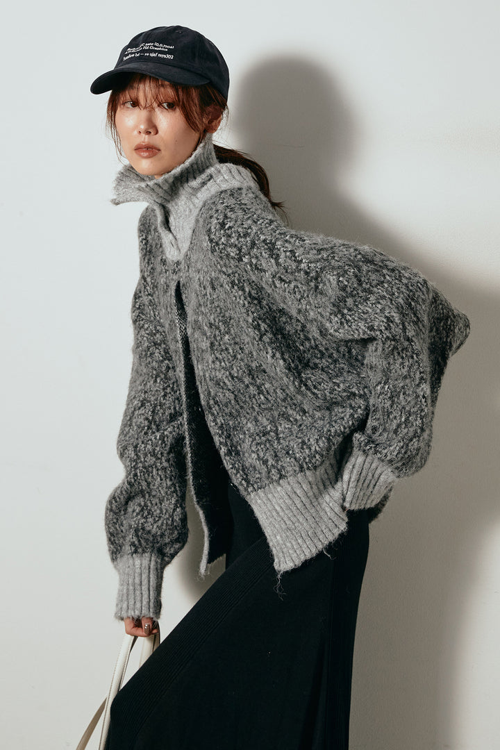 [SET]ハイネックミックスニットトップス+サイド切り替えリブニットロングスカート(2set)