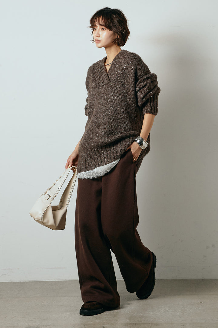[SET]Vネックラメニットトップス+裏起毛スウェットワイドパンツ(2set)