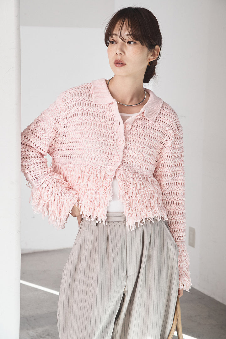 [SET]メッシュフリンジカーディガン+ヘリンボーンストライプツータックパンツ(2set)