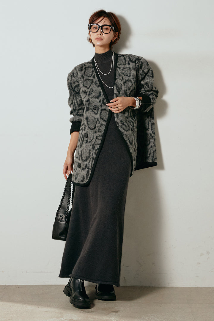 [SET]ノーカラーレオパード柄アウター+ノースリーブニットロングワンピース(2set)