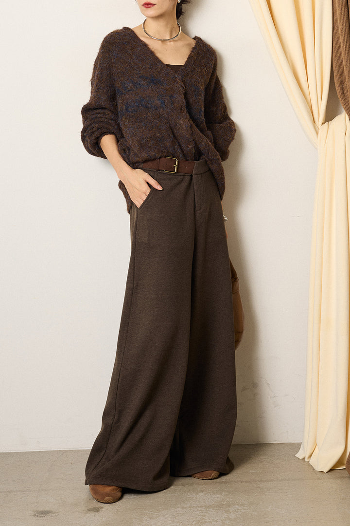 [SET]ウール混透かしロゴニットカーディガン+サイドベルトパンツ(2set)