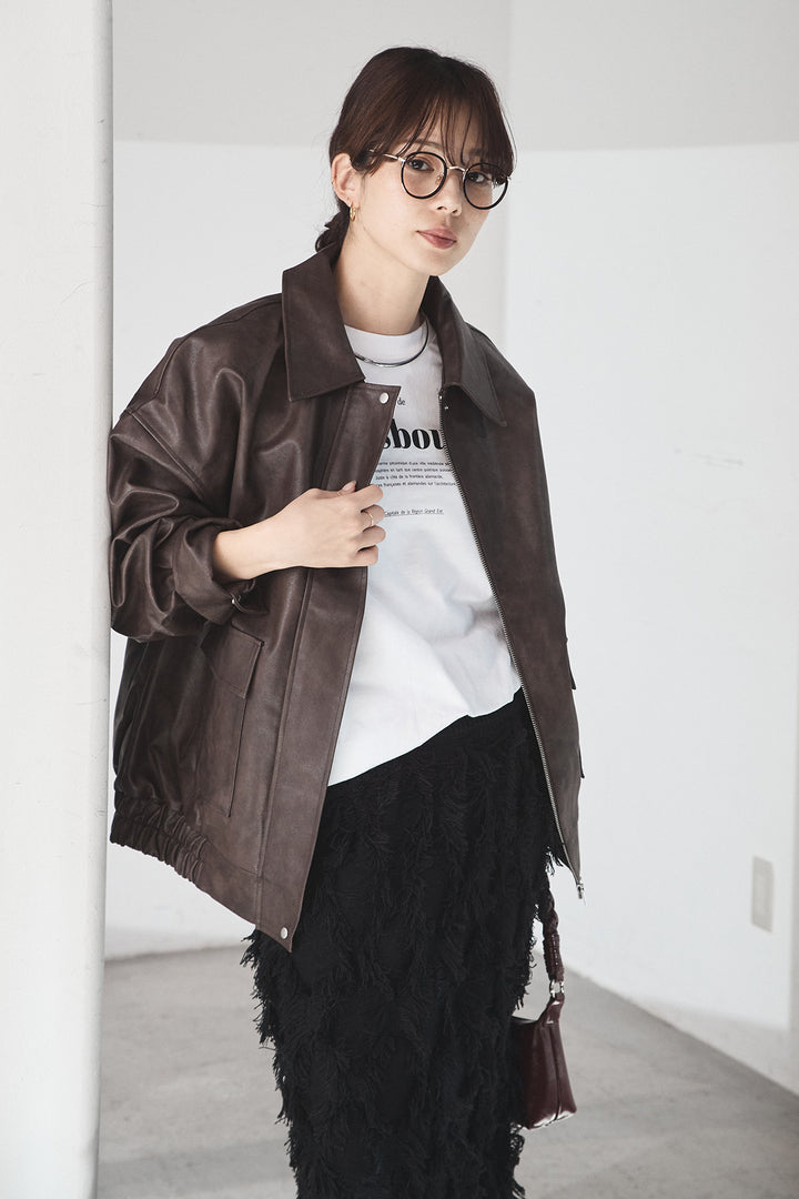[SET]レザーライクオーバーサイズブルゾン+カットフリンジニットタイトスカート(2set)