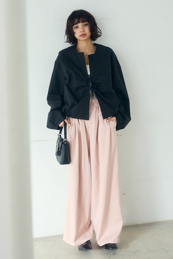 [SET]ノーカラーフロントギャザージップアウター+ツイルメニータックパンツ(2set)