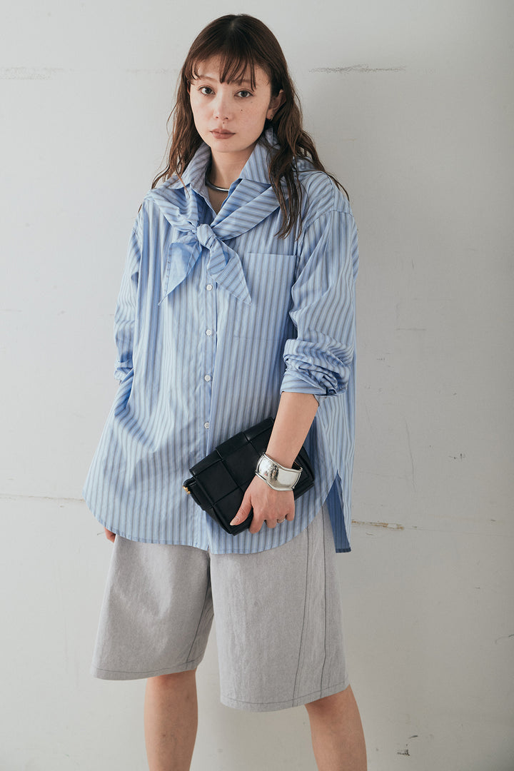 [SET]ランダムストライプスカーフ付きシャツ+デニムハーフパンツ(2set)