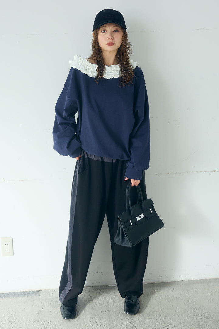 [SET]ネックギャザーフリルスウェット+異素材切り替えスウェットパンツ(2set)