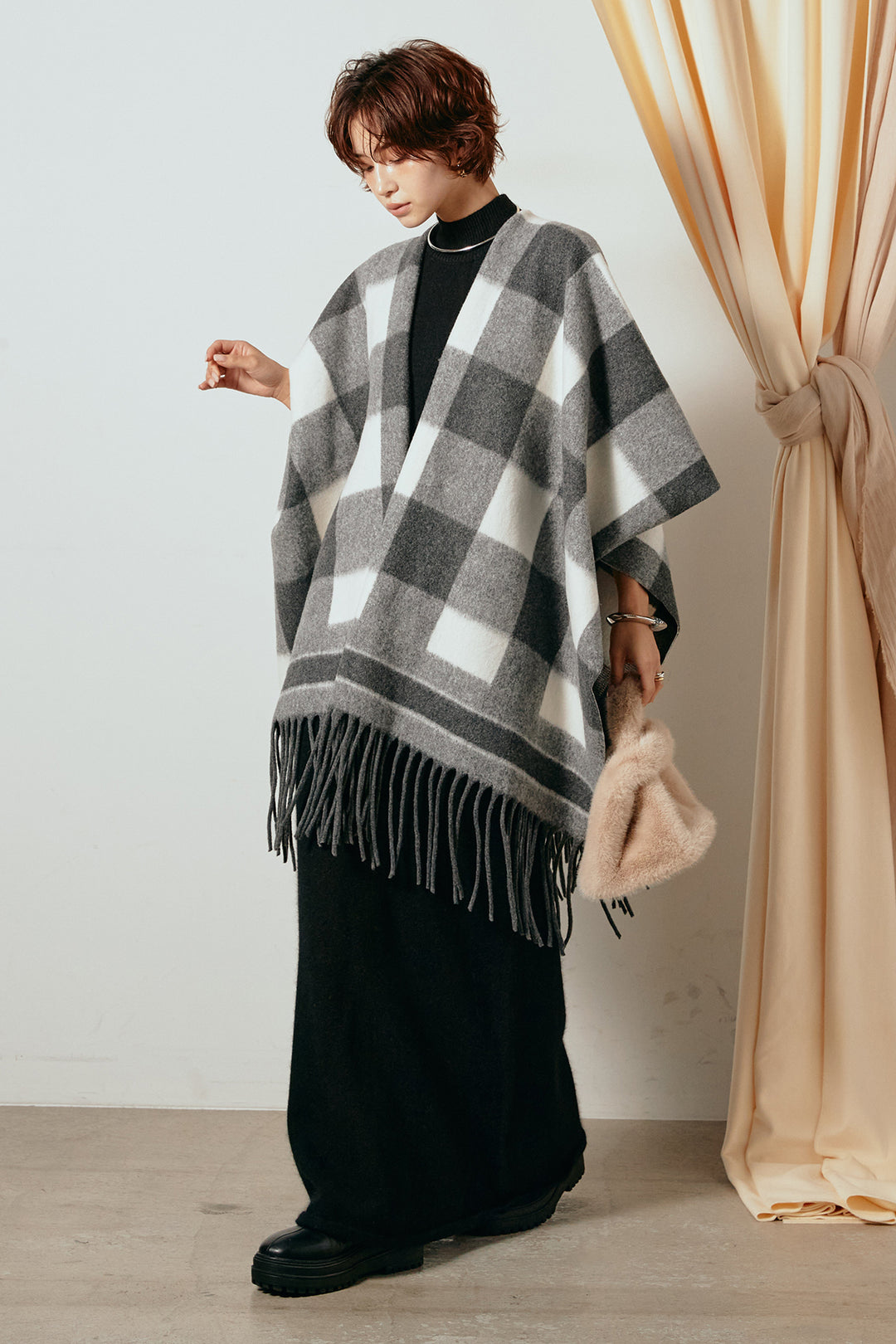 [SET]裾フリンジ柄ポンチョアウター+ノースリーブニットロングワンピース(2set)