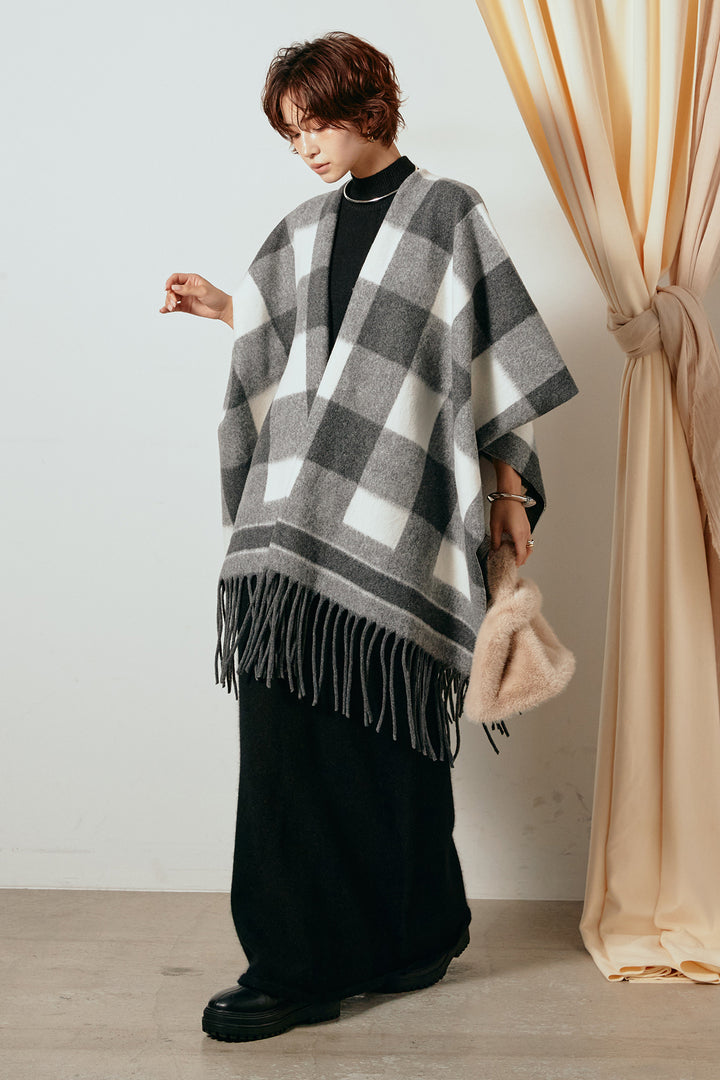 [SET]裾フリンジ柄ポンチョアウター+ノースリーブニットロングワンピース(2set)