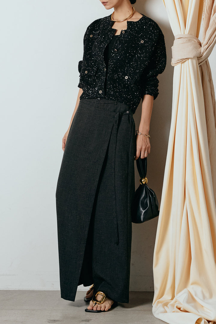 [SET]ネップニットカーディガン+ラップ巻きワイドスラックス(2set)