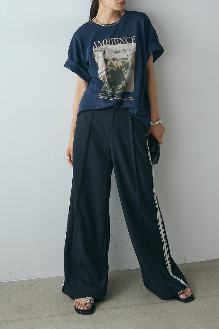 [SET]AMBIENCEフォトプリントTシャツ+サイドラインワイドスラックスパンツ(2set)