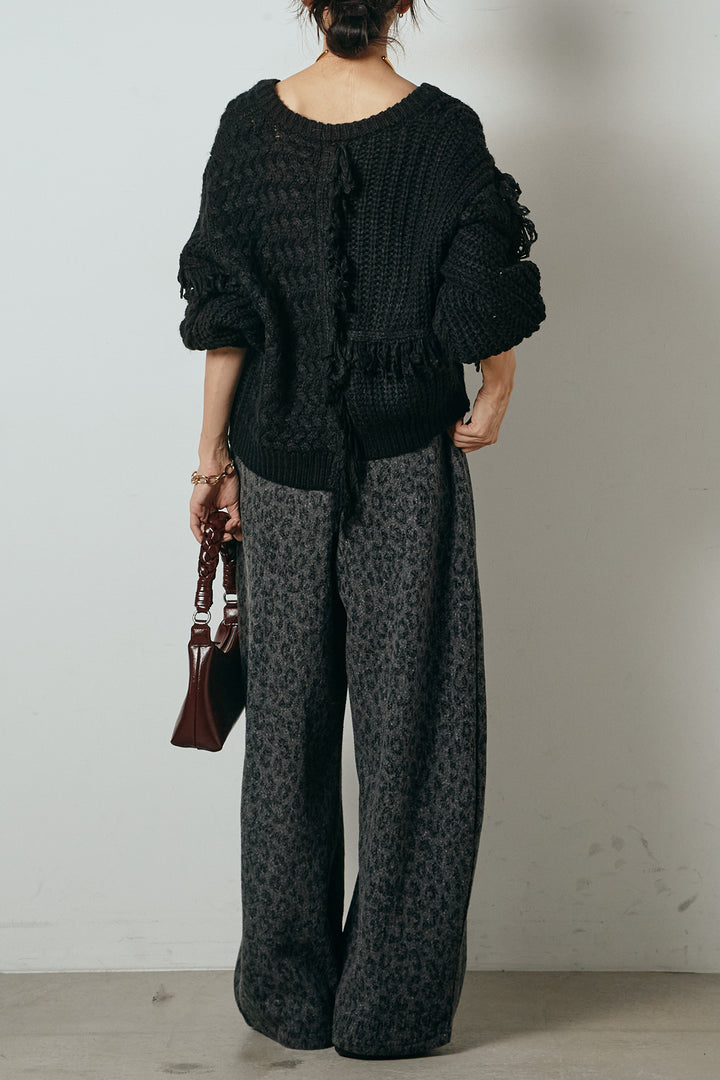 [SET]ランダムフリンジニットカーディガン+リラックスレオパード柄ワイドパンツ(2set)