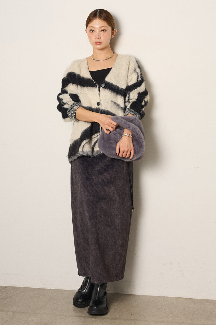 [SET]アクセントブラッシュドカーディガン+ロープベルト付きスウェード調スカート(2set)