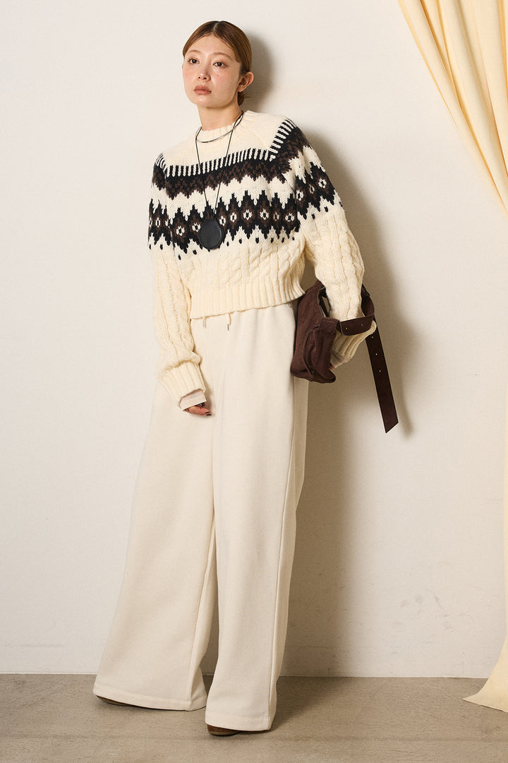 [SET]2WAY求心柄ジャガードショートカーディガン+裏起毛スウェットワイドパンツ+2WAY袖コード刺繍クルーネックプルオーバー(3set)