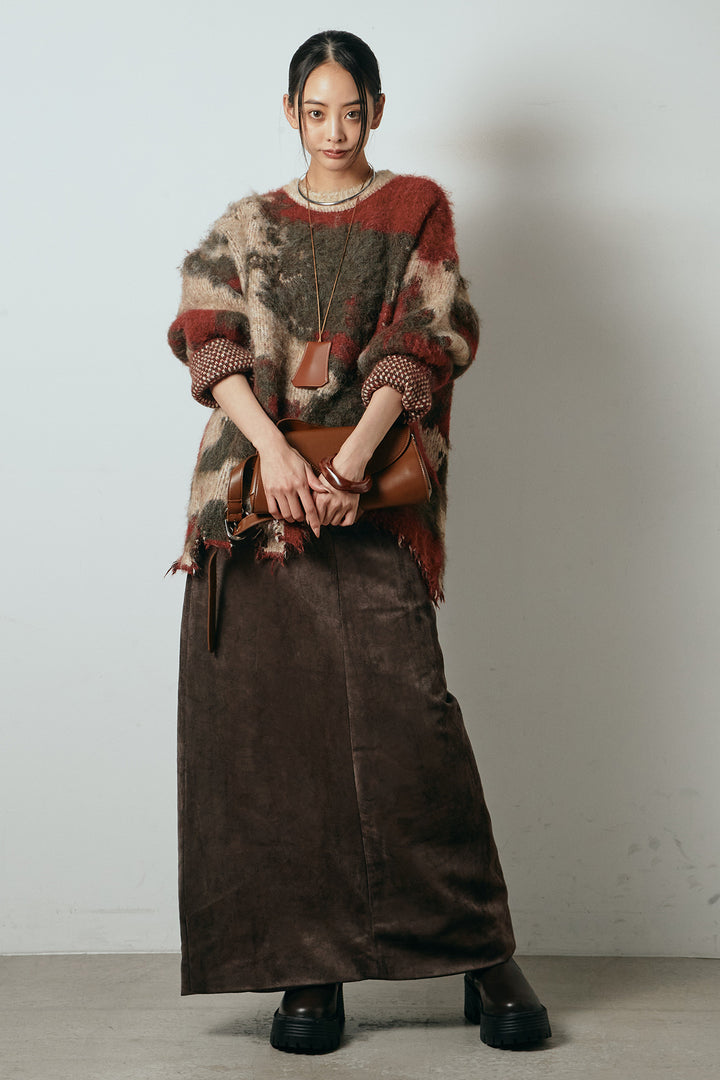 [SET]起毛裾デザインニュアンス柄ニットトップス+エコスウェードワイドスカート(2set)