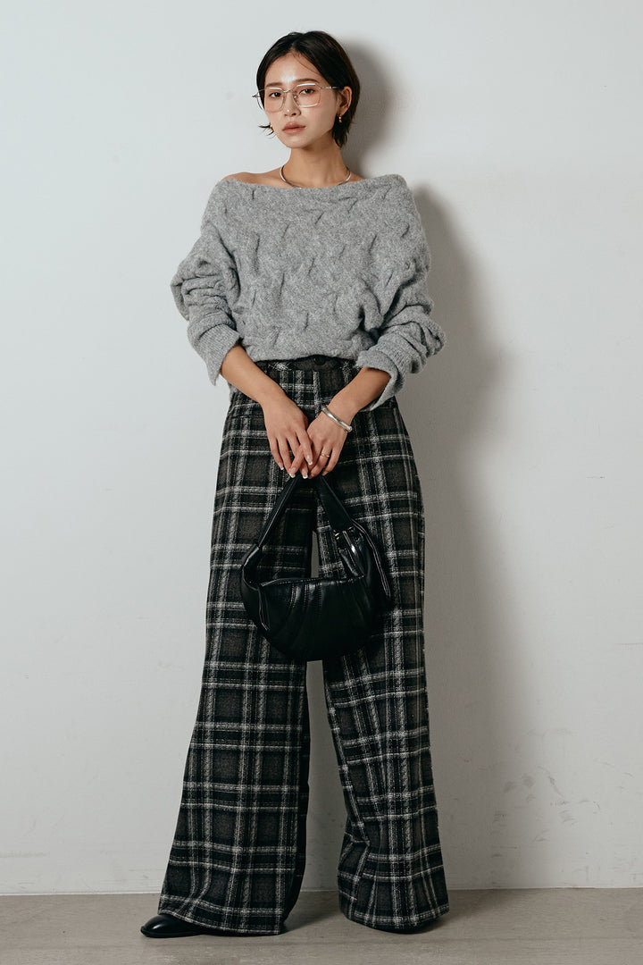 [SET]ボートネックニットトップス+ルーズタータンチェックワイドパンツ(2set)