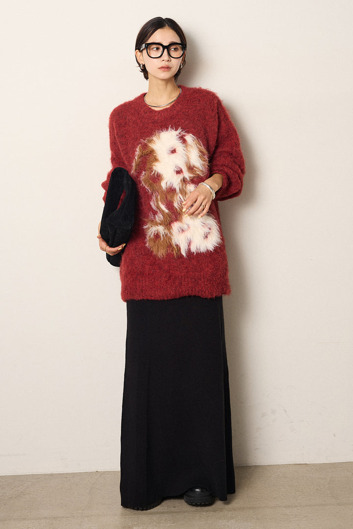 [SET]シャギーニュアンスアニマルニット+リブナローニットスカート(2set)