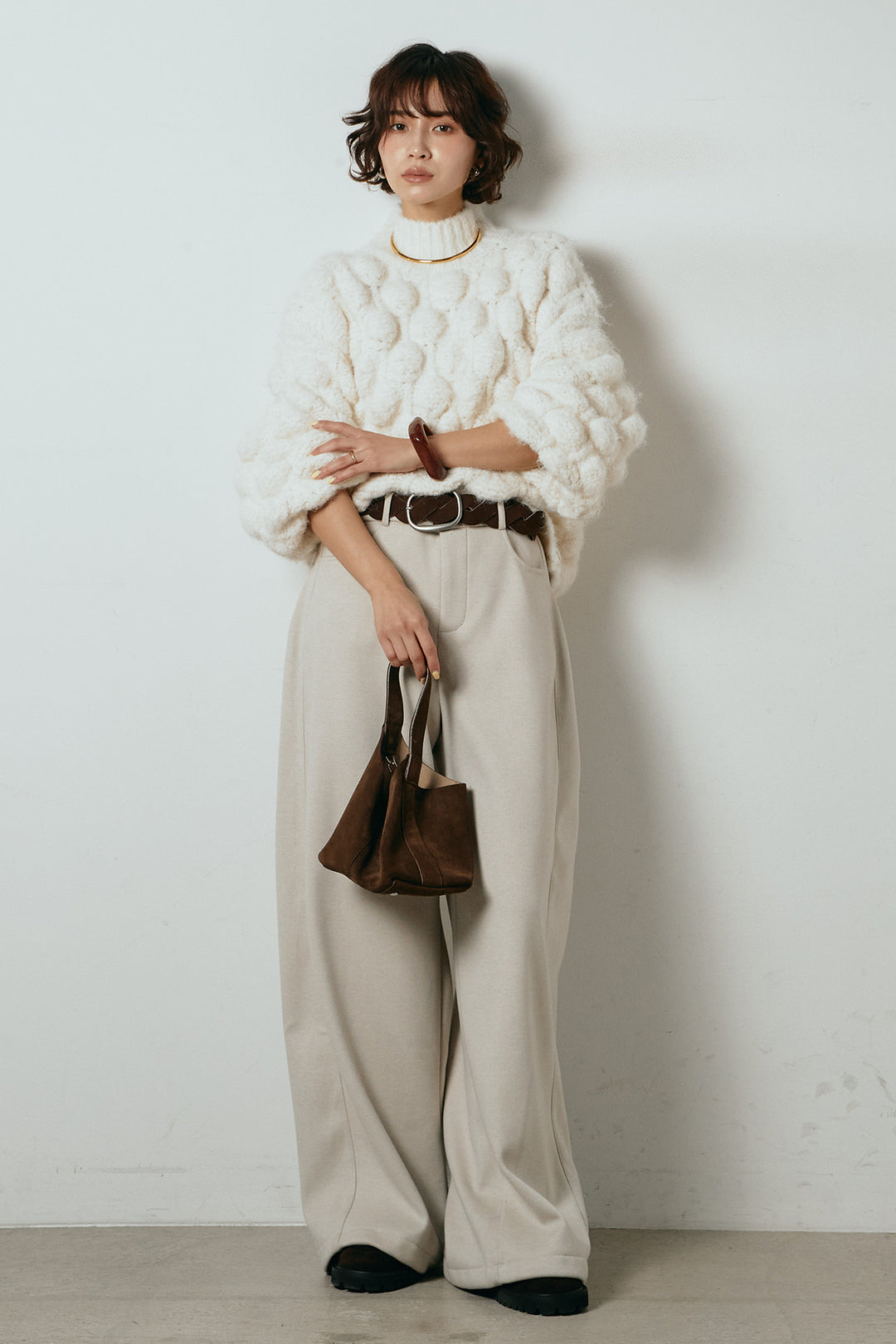 [SET]ボリュームポップコーンニットトップス+編みベルト付きワイドパンツ(2set)