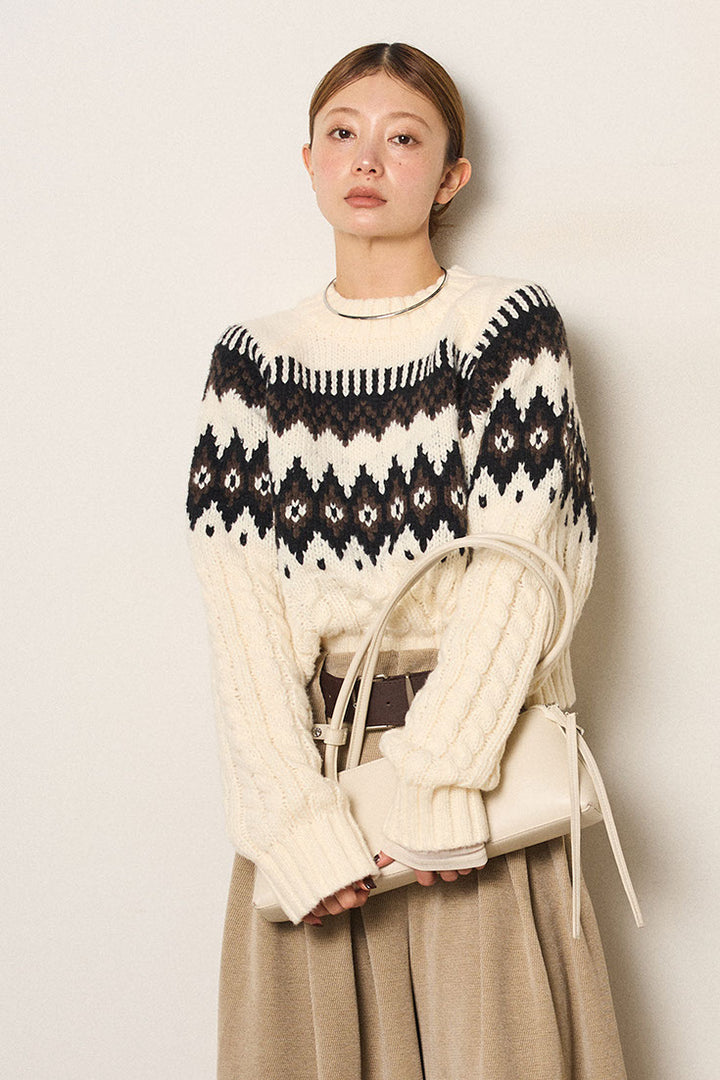 [SET]2WAY求心柄ジャガードショートカーディガン+2WAY袖コード刺繍クルーネックプルオーバー(2set)