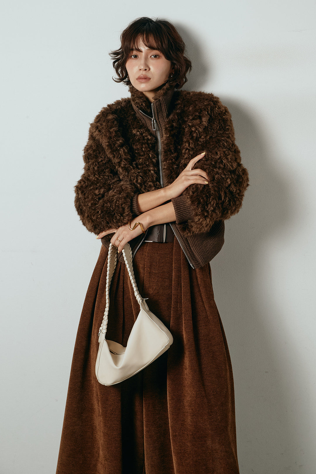 [SET]ハイネックショート丈ボアジップブルゾン+ベルトループコーデュロイワイドパンツ(2set)