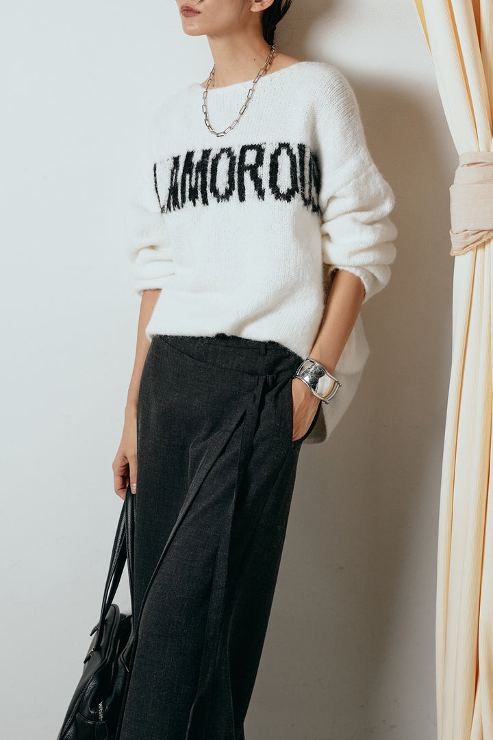 [SET]フロントロゴデザインニットトップス+ラップ巻きワイドスラックス(2set)