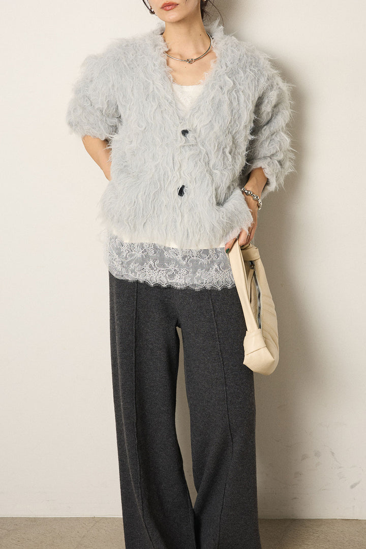 [SET]起毛シャギーニットカーディガン+レース切り替えキャミソール(2set)