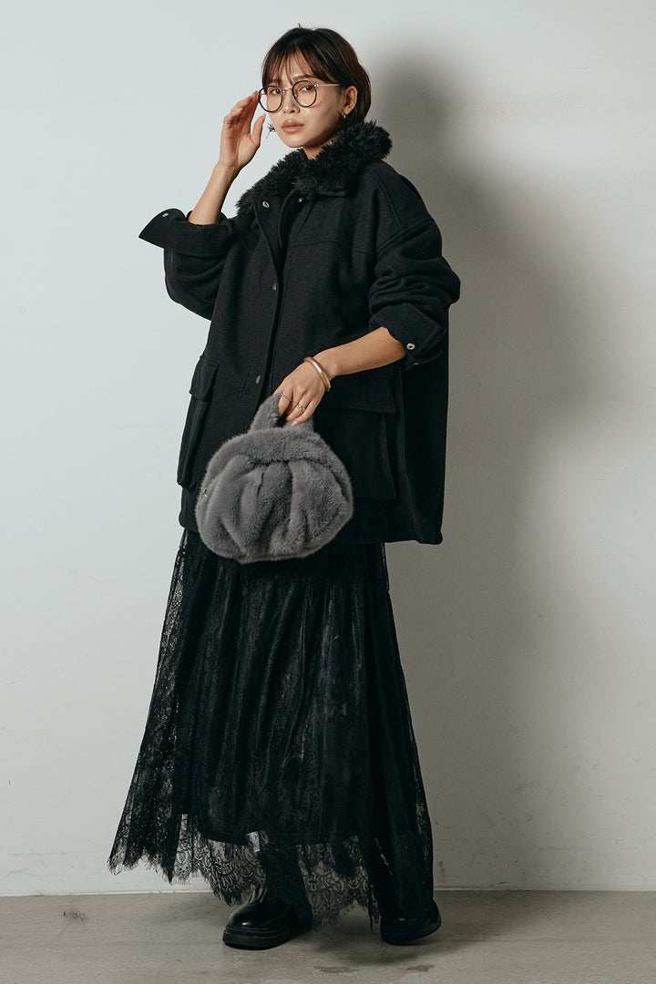 [SET]エコウール衿ファー薄中綿入りミドルカバーオール+ひげレース切替ロング丈スカート(2set)