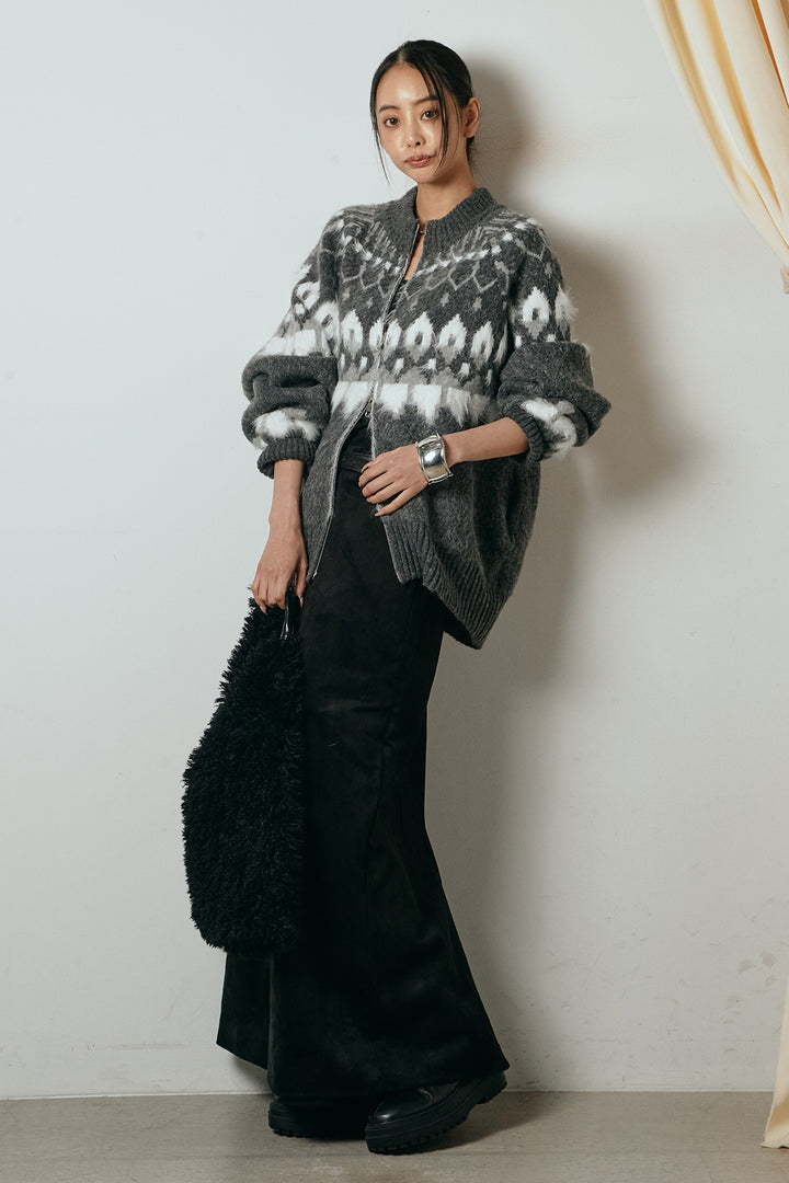 [SET]起毛ダブルジップパターンニットカーディガン+エコスウェードワイドスカート(2set)
