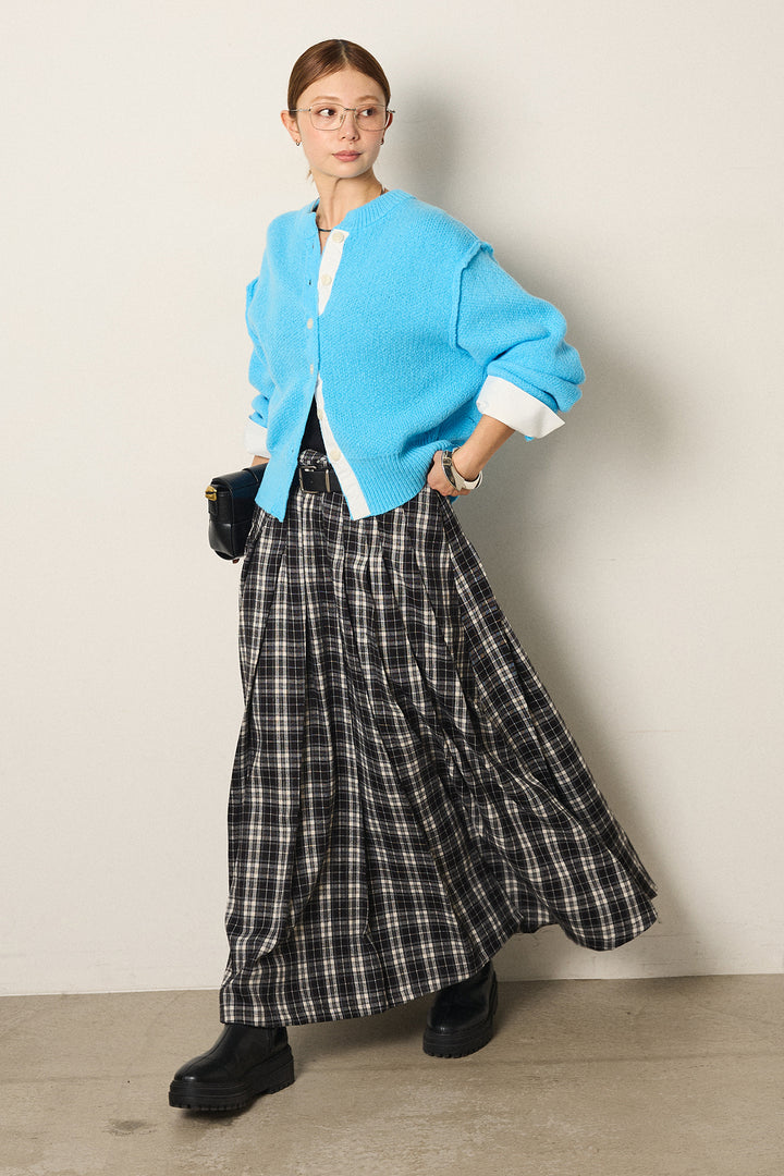 [SET]シャツドッキングニットカーディガン+ベルト付きタータンチェックプリーツスカート(2set)