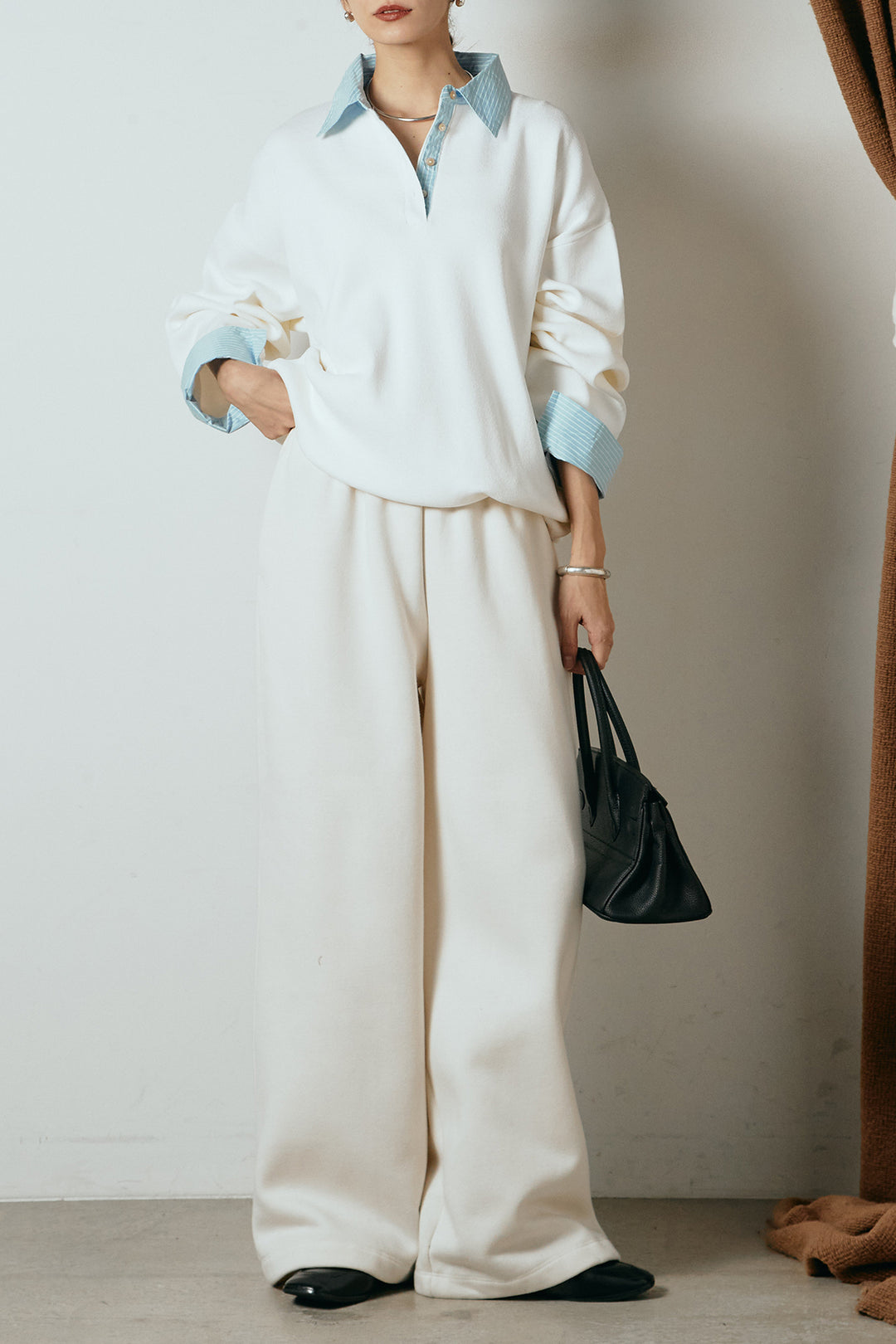 [SET]ストライプシャツドッキングポロトップス+裏起毛スウェットワイドパンツ(2set)