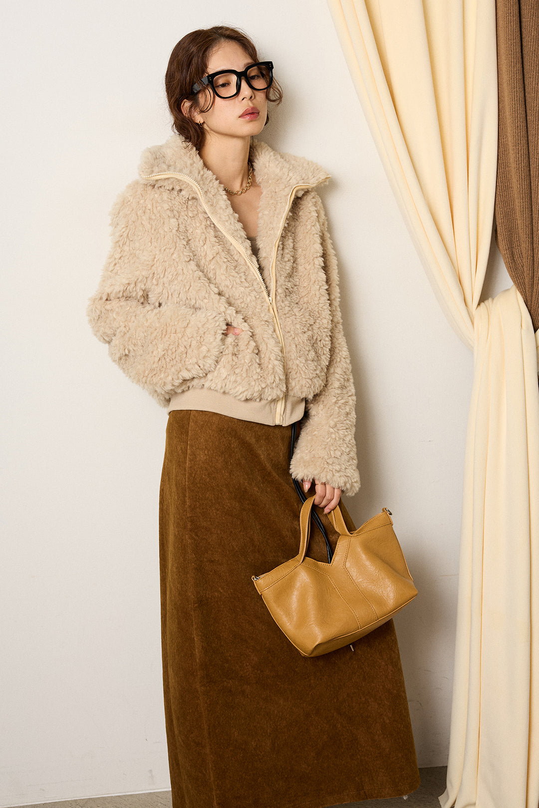 [SET]スタンドカラー裾リブボアブルゾン+ロープベルト付きスウェード調スカート(2set)