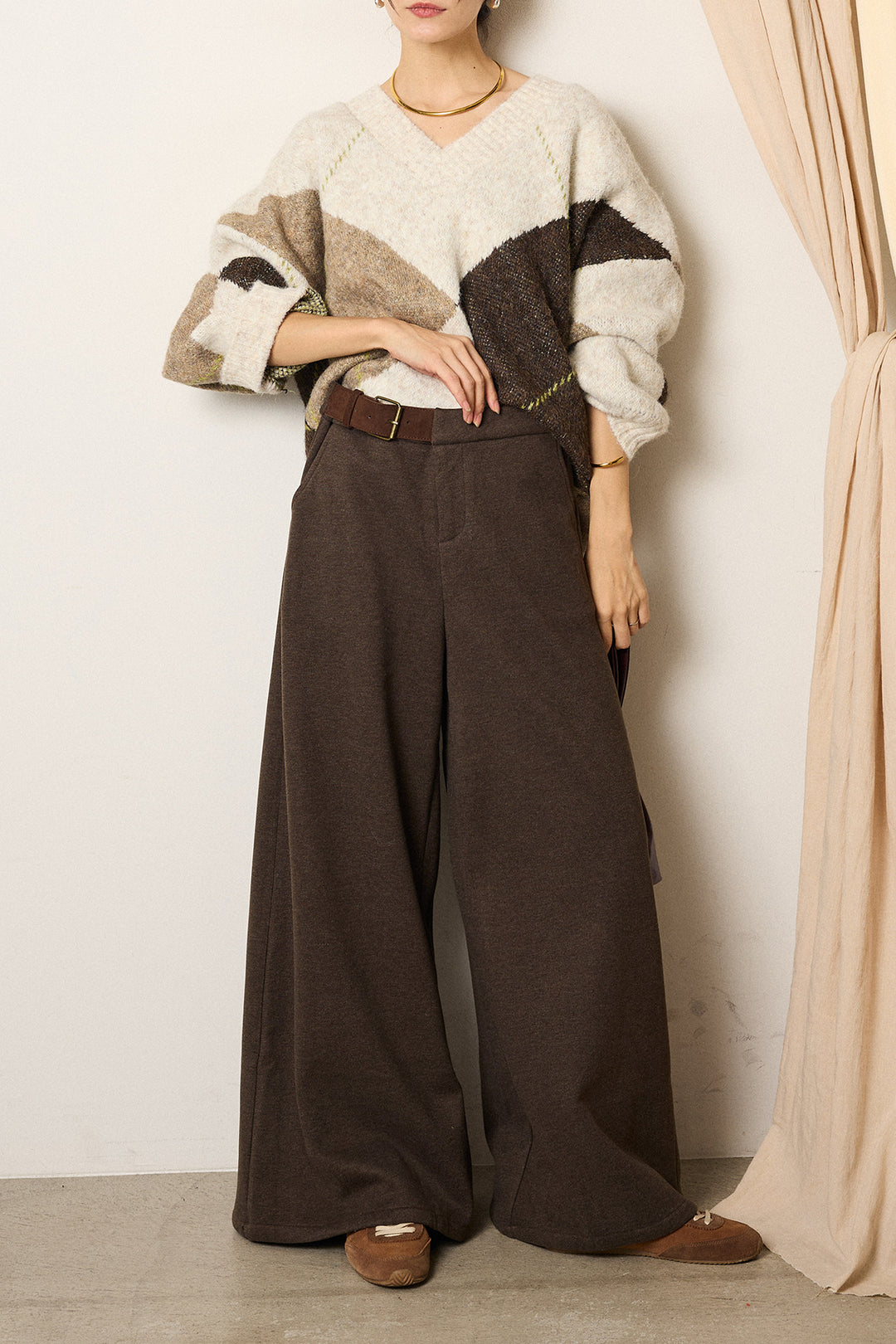 [SET]ルーズアーガイルVネックニット+サイドベルトパンツ(2set)