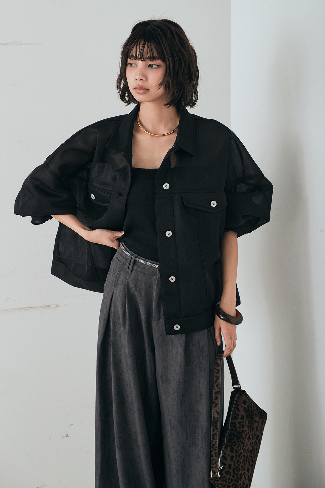 [SET]シアーダンボールサイドドロストジャケット+紐ベルト付きかすれ柄ワイドスラックス(2set)