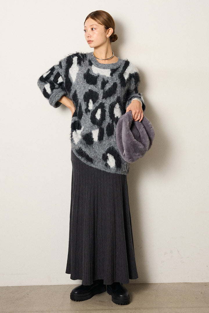 [SET]ルーズアニマルモヘアニットトップス+編み地切り替えフレアニットスカート(2set)