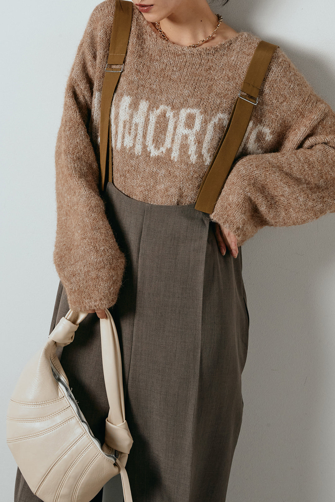 [SET]フロントロゴデザインニットトップス+ワイドツイルサロペット(2set)