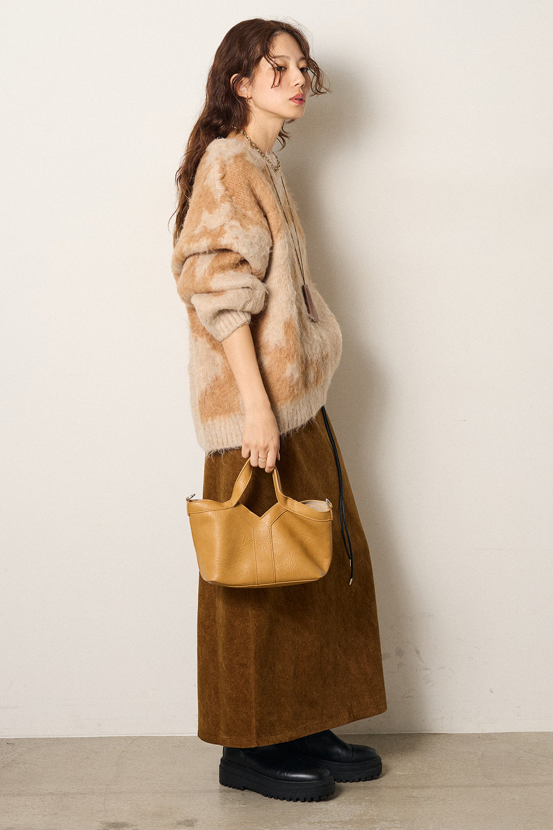 【着回しセット】[SET]モヘアタッチマーブルニット+タック入りコーデュロイワイドパンツ+ロープベルト付きスウェード調スカート(3set)