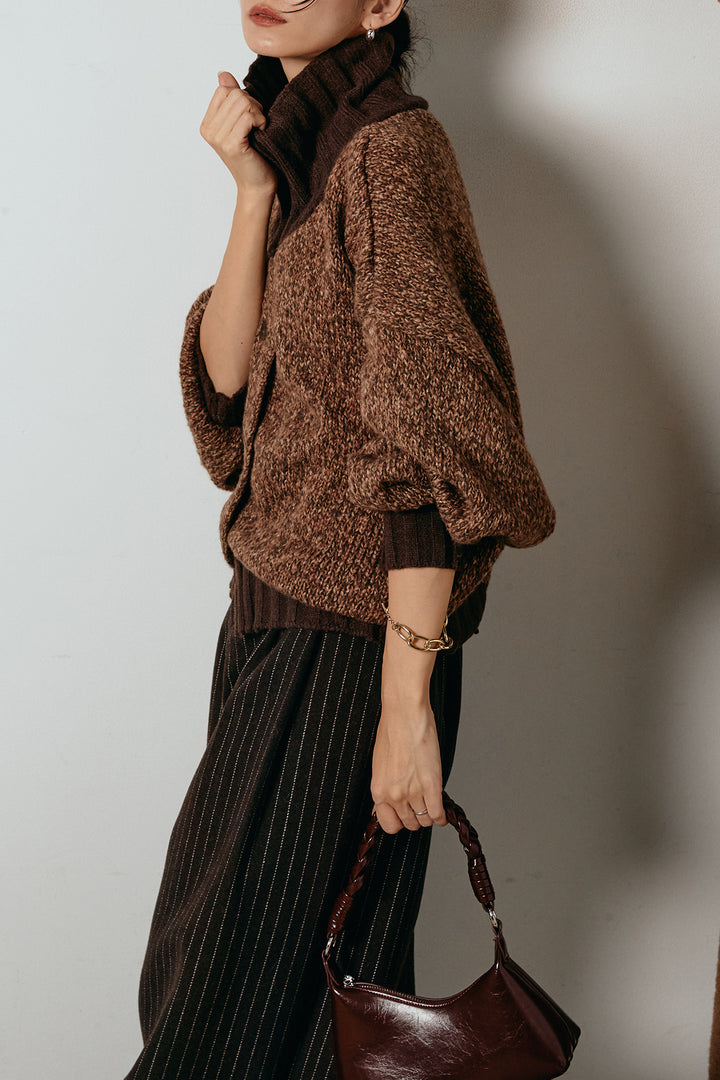 [SET]ハイネックミックスニットカーディガン+ウールライクストライプパンツ(2set)