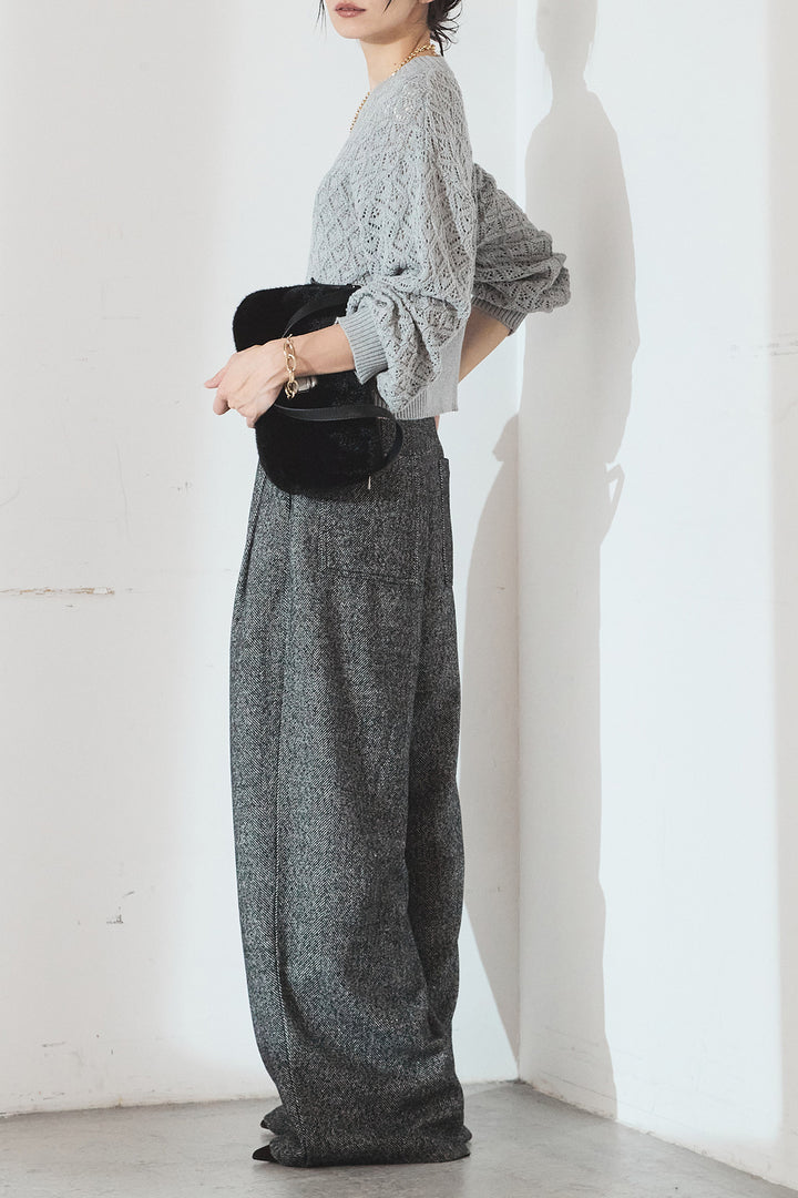 [SET]透かし編みニットジップスリットプルオーバー+タックツイードワイドパンツ(2set)