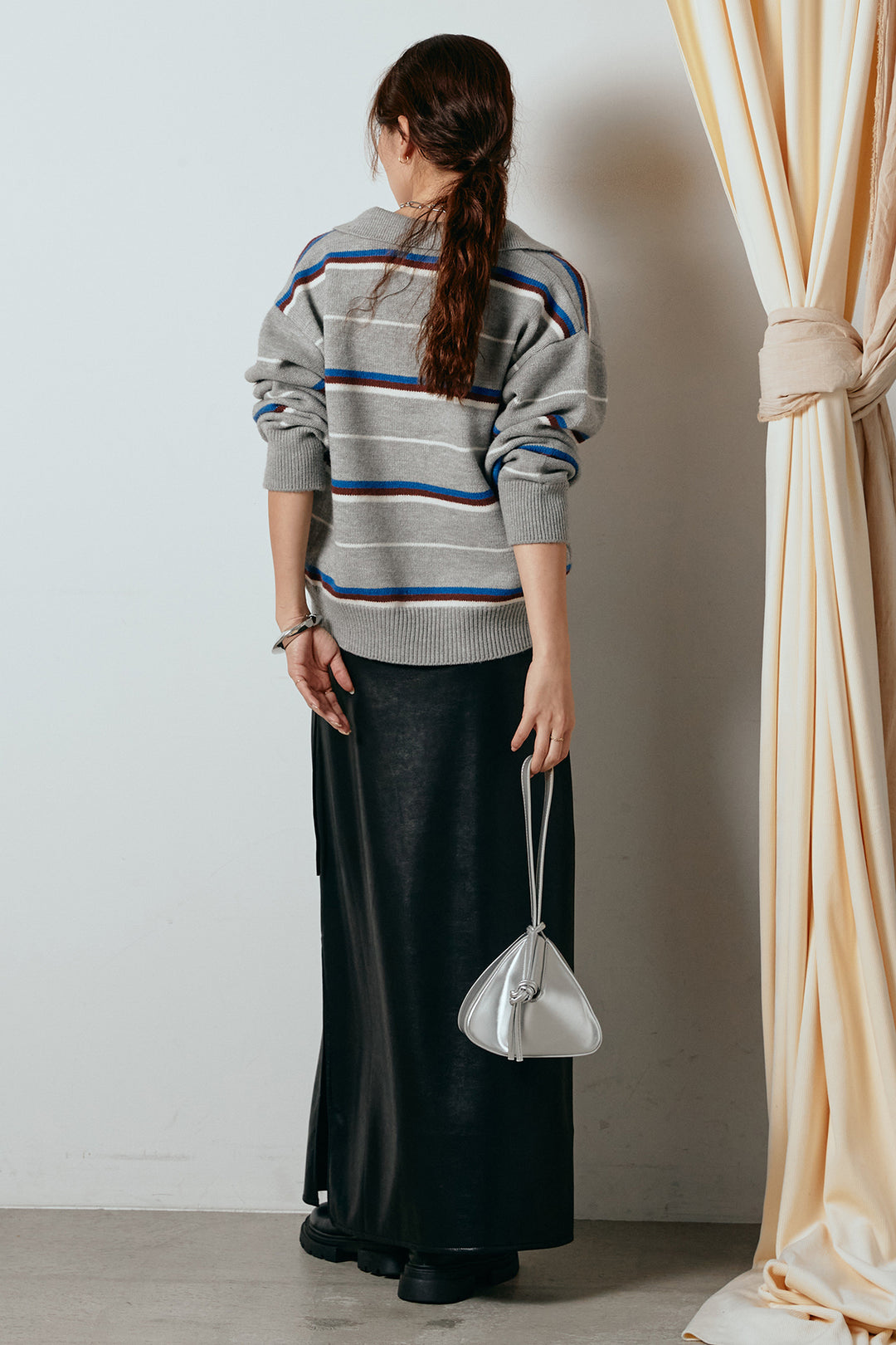 [SET]襟付きマルチボーダーニットポロトップス+紐付きフェイクレザーワイドスカート(2set)