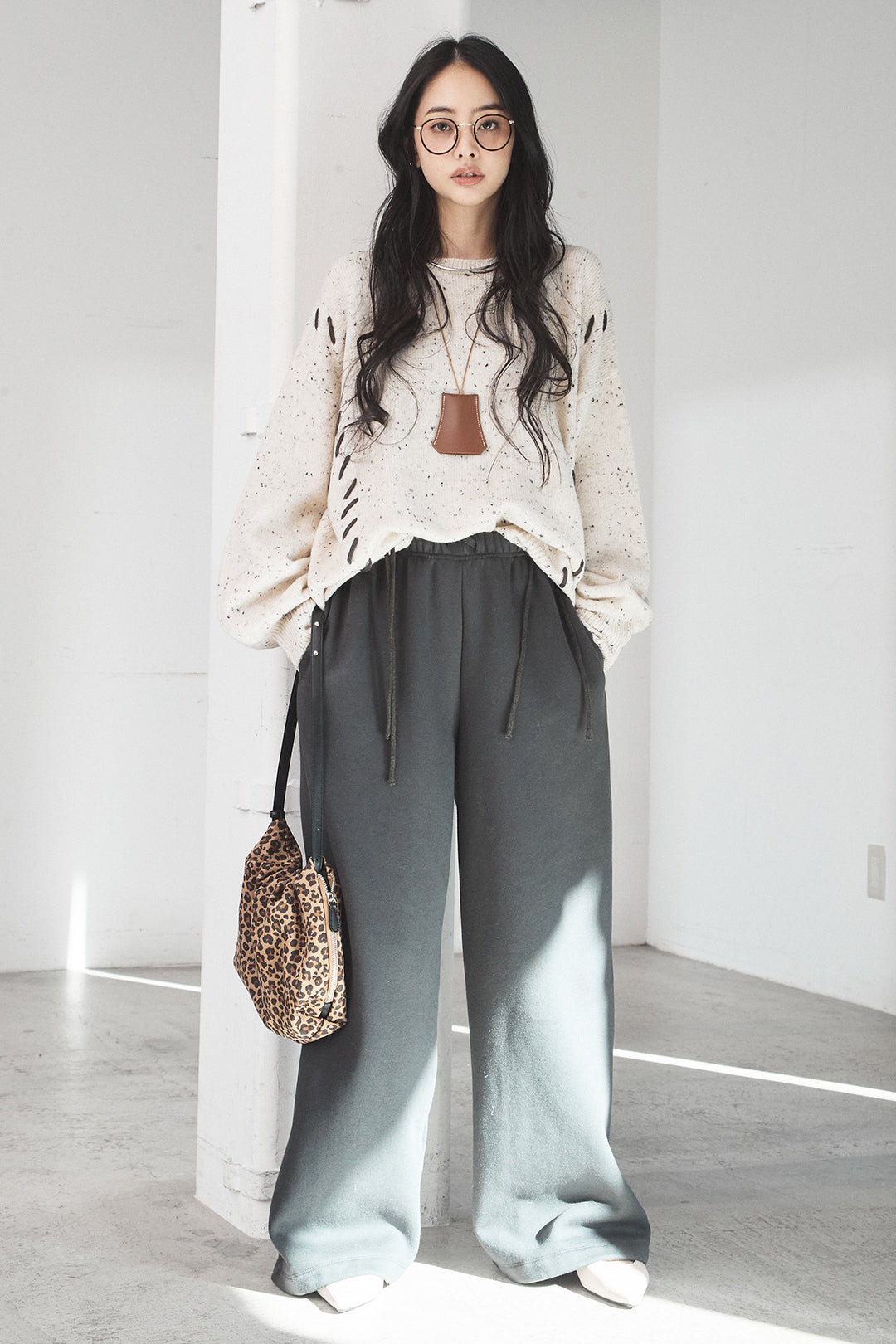 [SET]ネップ編み上げニットトップス+裏起毛スウェットワイドパンツ(2set)