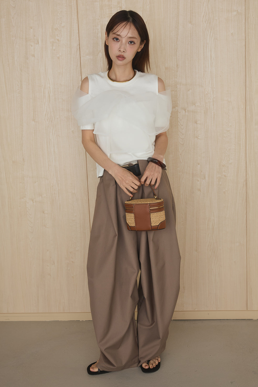 [SET]シアーレイヤーデザインカットソー+ベルトループワイドパンツ(2set)