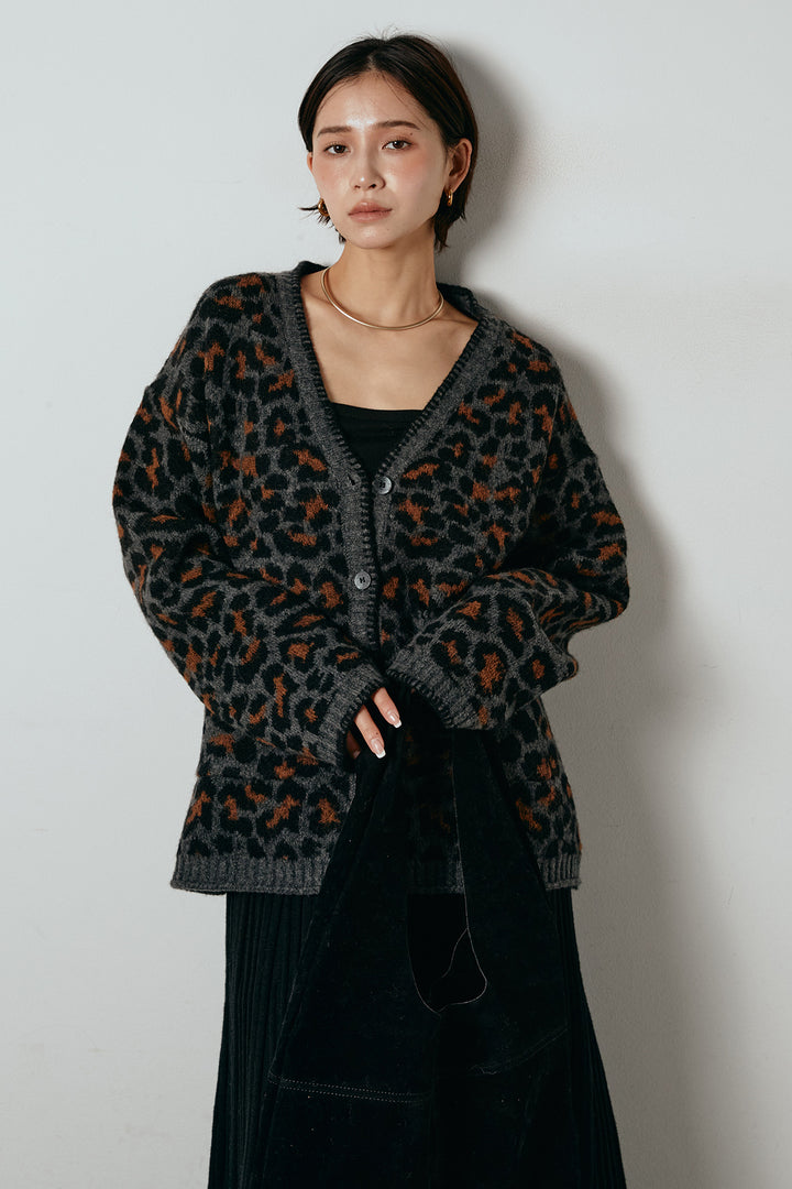 [SET]ステッチデザインレオパードニットカーディガン+リブニットフレアスカート(2set)