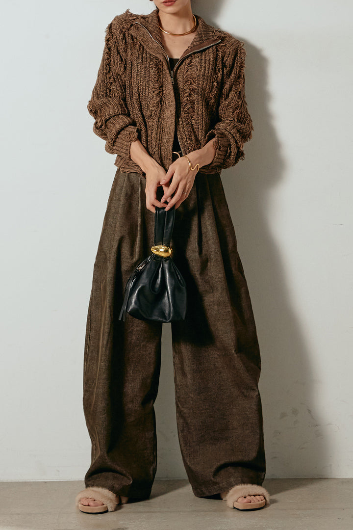 [SET]ハイネックフリンジジップニットトップス+フロントタック入りコーデュロイパンツ(2set)