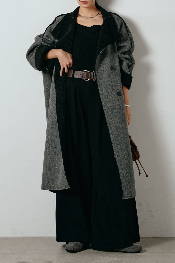[SET]裏地ボアハイネックロングアウター+フェイクレザー太ベルト付きタックワイドパンツ(2set)