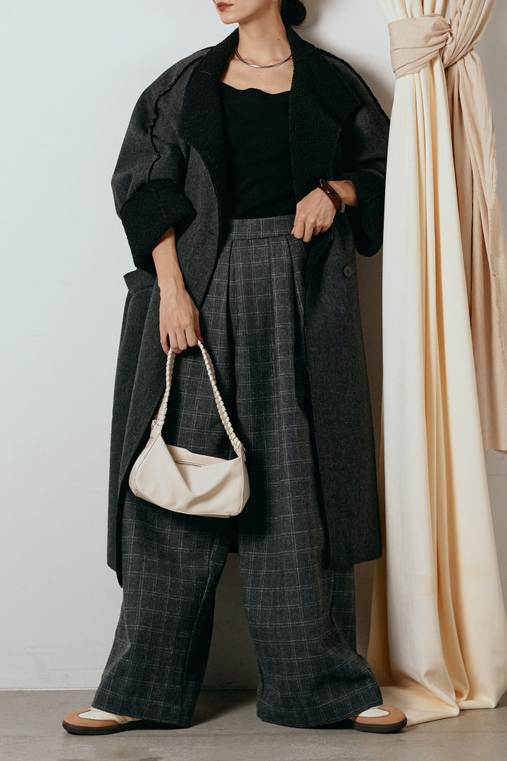 [SET]裏地ボアハイネックロングアウター+ウールライクチェックタックパンツ(2set)
